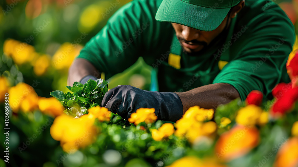 A man in a green shirt and hat is tending to a garden. He is wearing gloves and he is working on a flower bed A man in a green shirt and hat is tending to a garden. He is wearing gloves and he is working on a flower bed