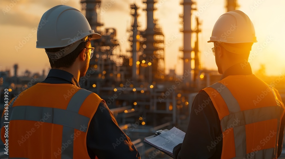 Engineers Discussing Safety Protocols at Large Oil Refinery Complex Engineers Discussing Safety Protocols at Large Oil Refinery Complex