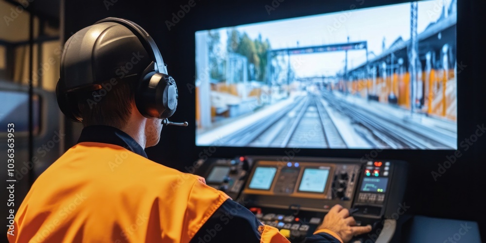 Engineer using a virtual control panel to manage monorail systems Engineer using a virtual control panel to manage monorail systems