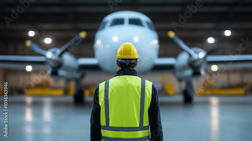 An aviation worker in a yellow safety vest and helmet overlooks an aircraft in a hangar, showcasing dedication to aerospace maintenance and safety. photo