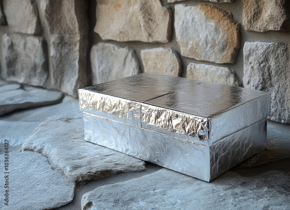 A silver box with a silver lid sits on a stone surface. The box is made of metal and has a shiny, reflective surface. The stone surface is rough and uneven, giving the scene a rustic, natural feel A silver box with a silver lid sits on a stone surface. The box is made of metal and has a shiny, reflective surface. The stone surface is rough and uneven, giving the scene a rustic, natural feel