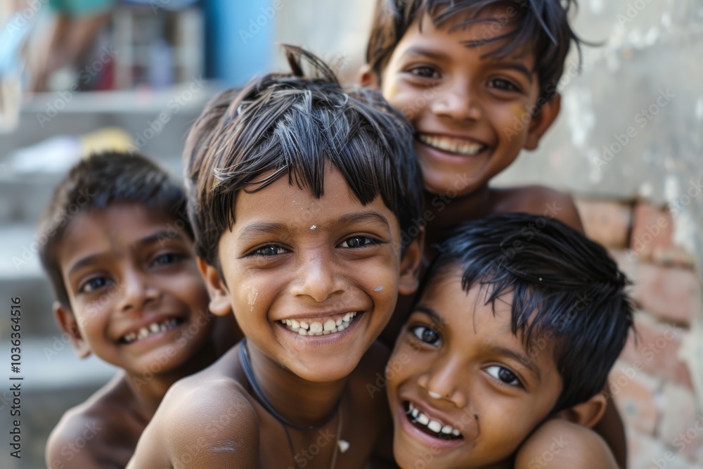 Group of happy indian children smiling and having fun in the street Group of happy indian children smiling and having fun in the street