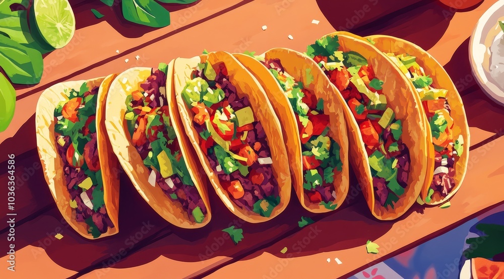 Six delicious tacos with meat, tomatoes, onions, and cilantro, with a side of sour cream and lime wedges on a wooden table. Six delicious tacos with meat, tomatoes, onions, and cilantro, with a side of sour cream and lime wedges on a wooden table.