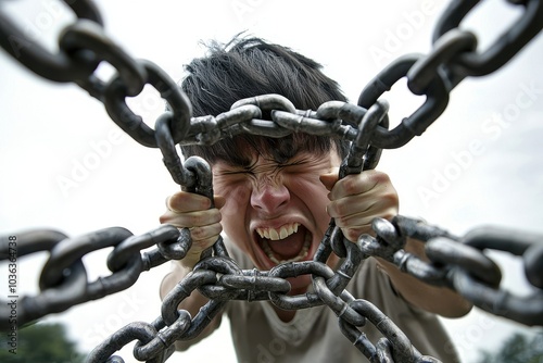 Child expressing frustration while tugging chains, dramatic background. photo