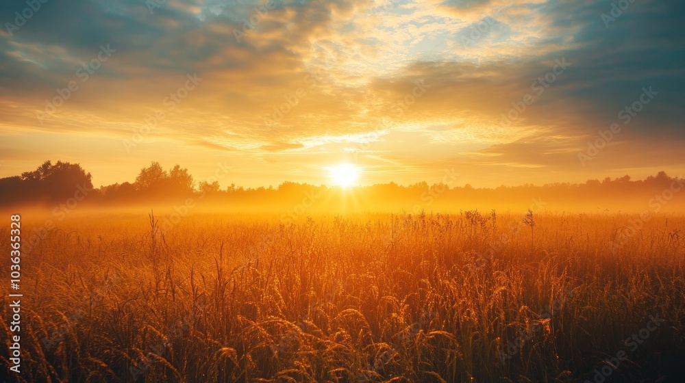 Golden Sunrise Over a Foggy Meadow Golden Sunrise Over a Foggy Meadow