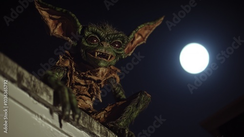 Mischievous Gremlin Costume on Rooftop under Full Moon - Ultra-Detailed Halloween Portrait with Green Skin, Oversized Ears, and Tattered Clothes