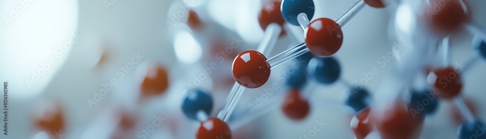 Abstract 3D render of molecular structure model with red and blue spheres, representing scientific and medical research themes. Abstract 3D render of molecular structure model with red and blue spheres, representing scientific and medical research themes.