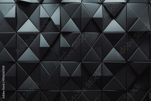 Futuristic, High Tech, dark background, with a triangular block structure. Wall texture with a 3D triangle tile pattern. 3D render