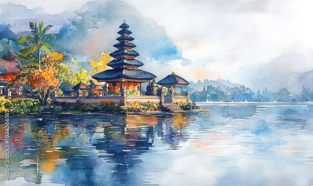 Watercolor Bali holiday tourism, Ulun Danu Bratan Water Temple Bali, Bali, Indonesia Watercolor Bali holiday tourism, Ulun Danu Bratan Water Temple Bali, Bali, Indonesia
