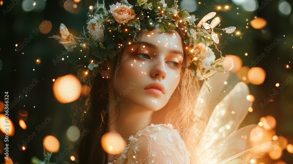 Enchanting Woodland Fairy Costume with Glowing Fireflies in Magical Forest Setting Enchanting Woodland Fairy Costume with Glowing Fireflies in Magical Forest Setting