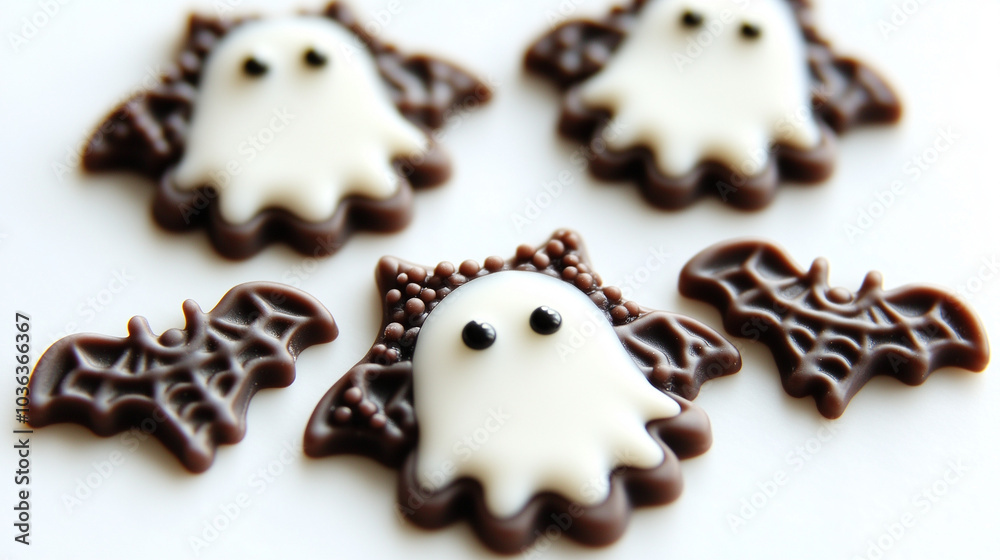 Cute ghost-shaped and spider-shaped chocolates are typical foods and desserts for Halloween. Cute ghost-shaped and spider-shaped chocolates are typical foods and desserts for Halloween.