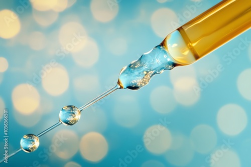 Close-up of a pipette dropping liquid against a vibrant bokeh background, symbolizing science and innovation in a captivating visual. photo