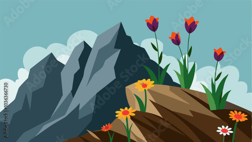 Wildflowers cling to the rocky outcroppings of the alpine ridge providing a colorful contrast to the stark landscape.