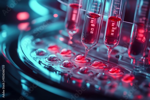 Close-up of laboratory equipment with red liquid, showcasing scientific research and biotechnology in a futuristic setting. photo