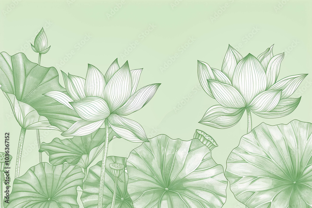 Fototapeta premium Graceful pencil mono color drawing of lotus and leaf isolated on green background with copy space, Lotus flowers line arts design for wallpaper, natural wall arts, banner, prints, invitation and packa
