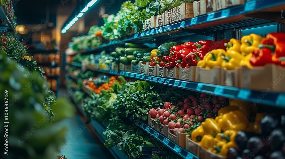 Fresh produce on shelves in a grocery store. Fresh produce on shelves in a grocery store.