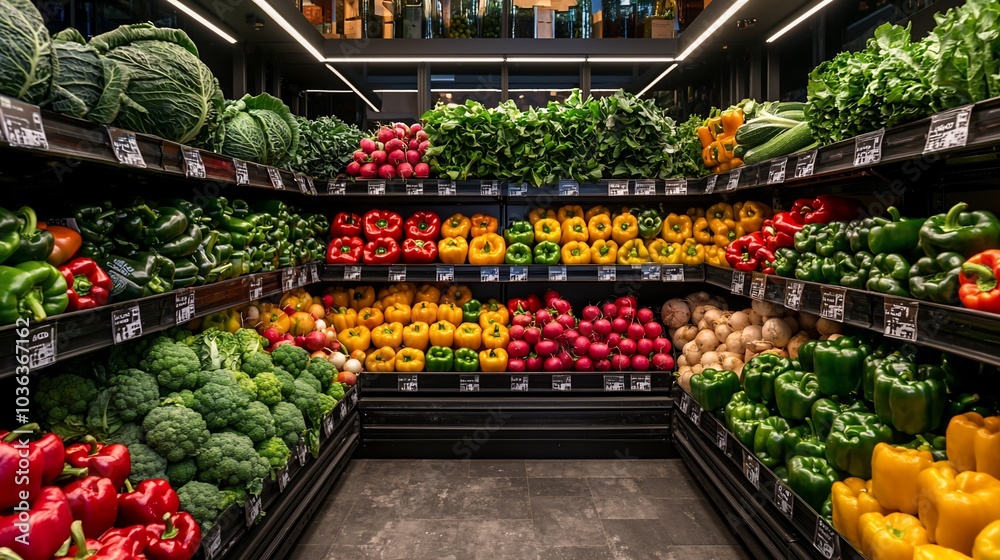 Fresh produce displayed on shelves in a grocery store. Fresh produce displayed on shelves in a grocery store.