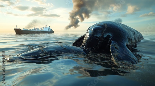 Distressing scene of sea turtles covered in an oil spill with a smoky cargo ship in the background, highlighting ocean pollution consequences. photo