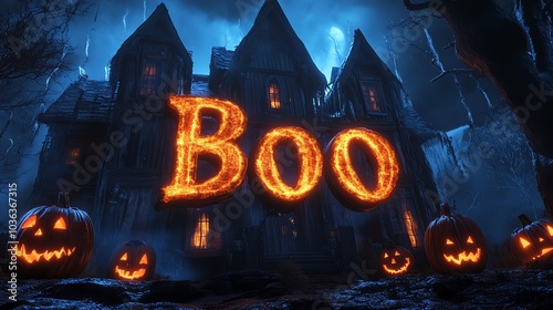 Eerie Halloween scene with glowing pumpkins and a haunted house backdrop. Large letters spell 'BOO' amid shadows. photo