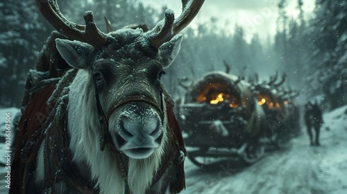 Majestic Reindeer Roaming Through Snowy Winter Forest Landscape