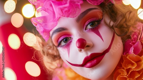 Whimsical Carnival Performer in Colorful Costume and Playful Makeup Under Big Top Tent