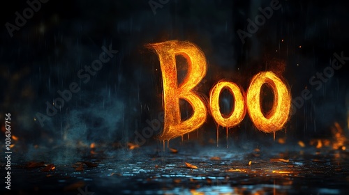 Glowing fiery 'Boo' text on dark background, perfect for Halloween or spooky themes. Fiery, eerie ambiance adds dramatic flair to any design.