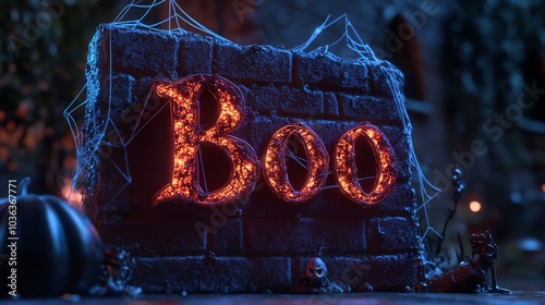 Glowing Halloween 'Boo' sign amidst cobwebs and pumpkins creates a spooky atmosphere, perfect for festive seasonal designs and decorations. photo