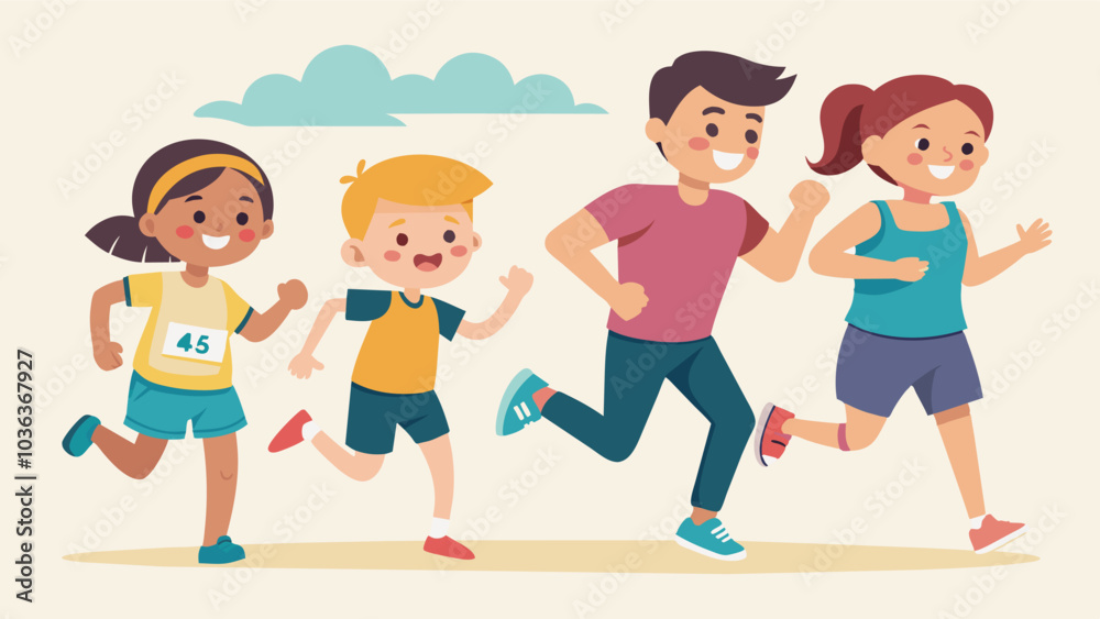 Smaller children participating in a fun run of their own with parents and siblings by their side instilling the value of giving back at a young age.. Vector illustration