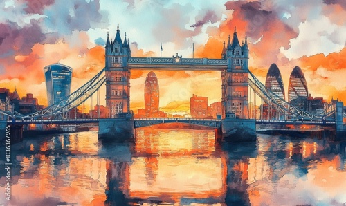 Watercolor Aerial front view of the Tower Bridge of London with the skyline behind reflecting the golden sunrise light, England