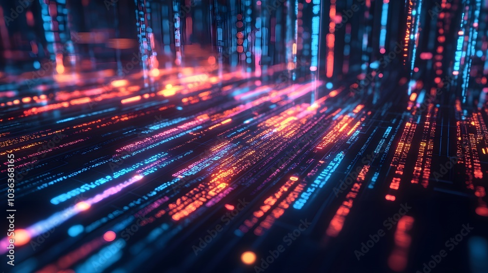 Fototapeta premium Abstract technology chip lines growing from bottom to top at digital binary code background.