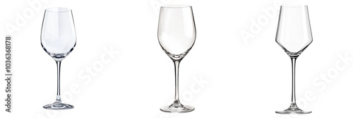 A tall, elegant crystal wine glass with a slender stem, isolated on a transparent background