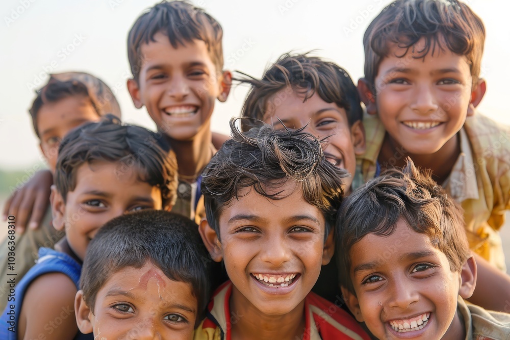 Group of happy indian children smiling and looking at camera at sunset Group of happy indian children smiling and looking at camera at sunset