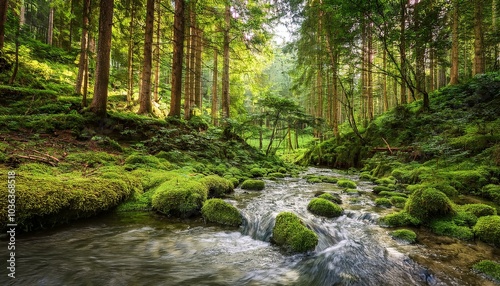 A wooden bridge crosses over the sparkling water. 