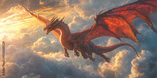 dragon drawing. A majestic dragon soars through the clouds at sunset, its fiery scales catching the golden light.