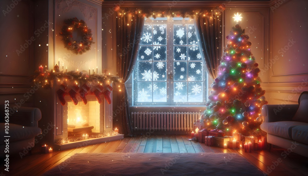 Fototapeta premium inside the house and looking outside where it was snowing, Generative AI