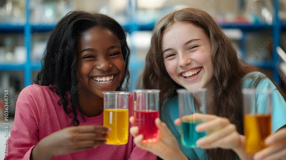 Two Diverse Girls Smiling and Holding Clear Glasses with Colored Liquids in a Laboratory Setting Two Diverse Girls Smiling and Holding Clear Glasses with Colored Liquids in a Laboratory Setting
