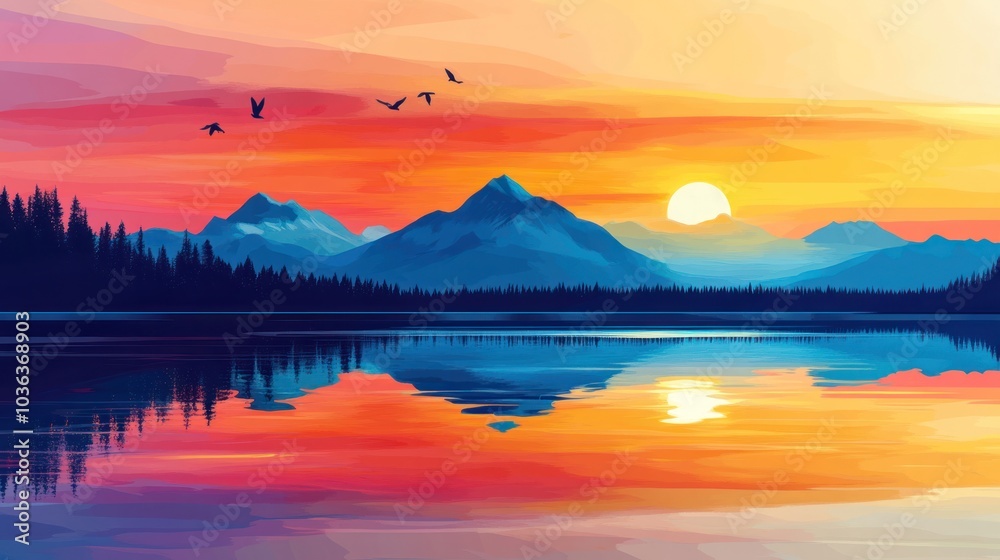 Horizon vector scene with a sunset and mountains, featuring vivid colors Horizon vector scene with a sunset and mountains, featuring vivid colors