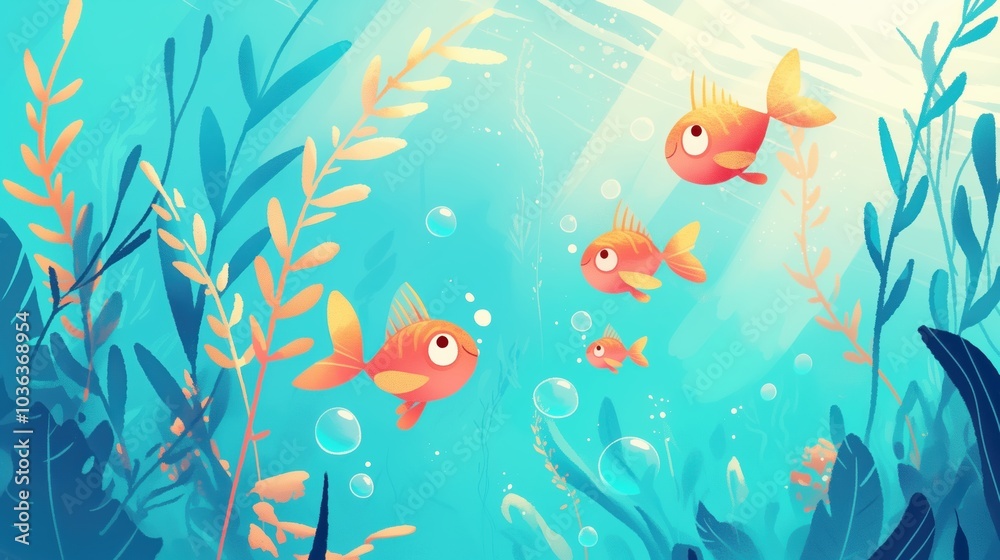 Obraz premium Colorful animated fish swimming in a vibrant underwater scene 