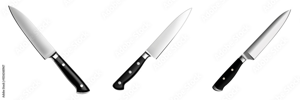 A sleek stainless steel kitchen knife with a black handle, isolated on a transparent background A sleek stainless steel kitchen knife with a black handle, isolated on a transparent background