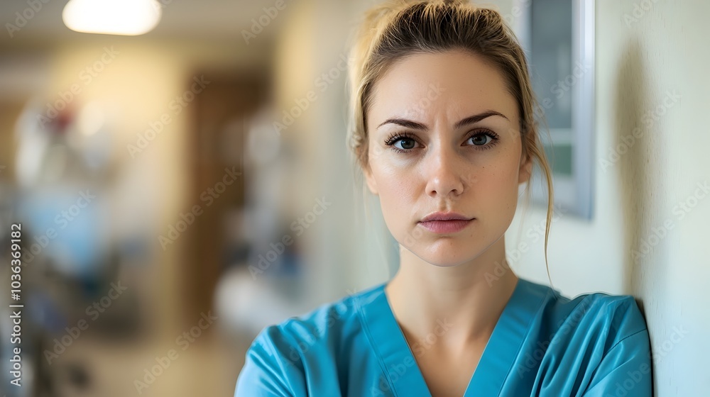 Exhausted Nurse Seeking Respite in Hospital Break Room Exhausted Nurse Seeking Respite in Hospital Break Room