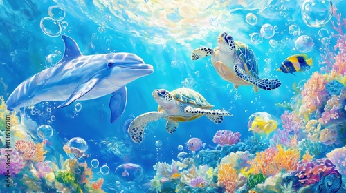 Vibrant underwater scene with dolphins and sea turtles 