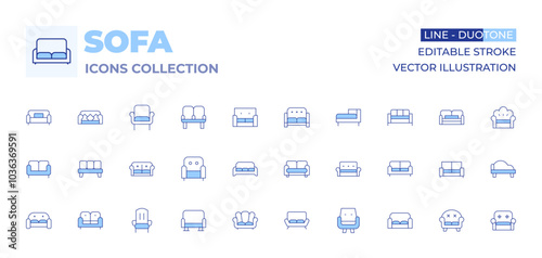 Sofa icons collection. Line Duotone style, editable stroke. armchair, couch, sofa, sofa bed, chaise longue, coach, chair