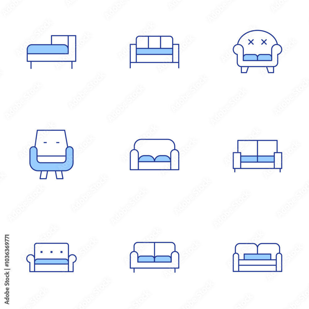 Sofa icons set. Line Duotone style, editable stroke. sofa bed, sofa, armchair, chaise longue, coach, couch Sofa icons set. Line Duotone style, editable stroke. sofa bed, sofa, armchair, chaise longue, coach, couch