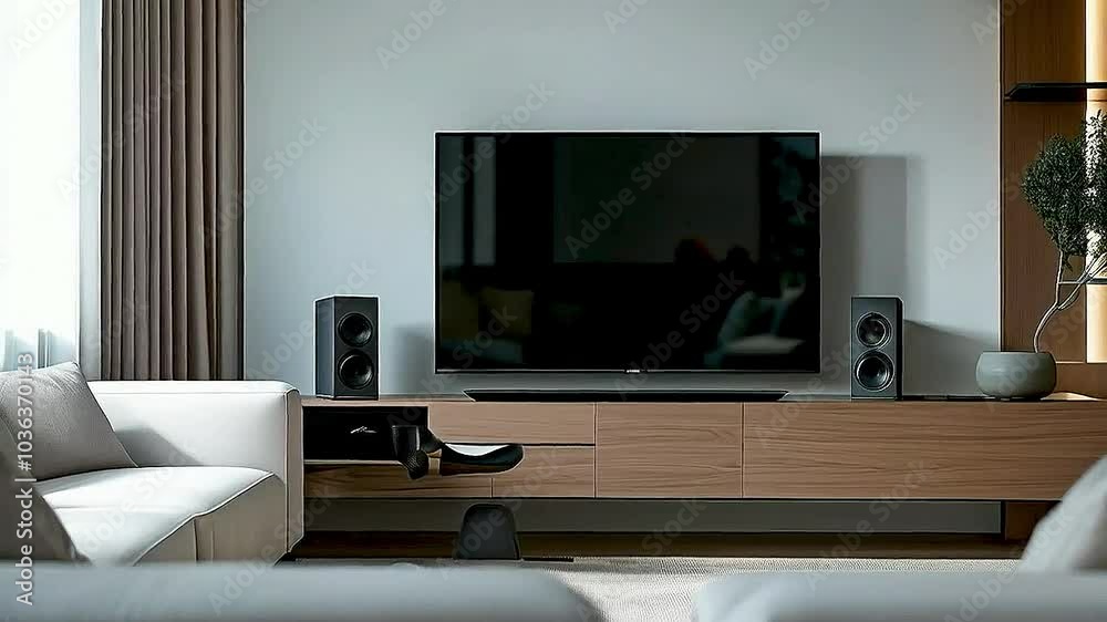 a living room with a TV and speakers a living room with a TV and speakers