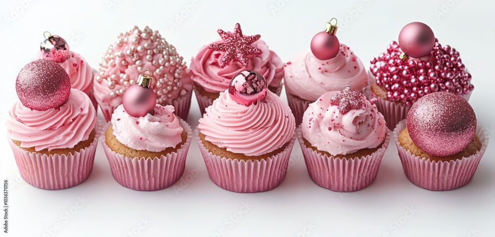Festive pink cupcakes adorned with Christmas decor, isolated on a clean white backdrop.