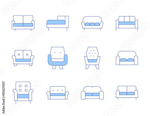 Sofa icons. Line Duotone style, editable stroke. sofa, armchair, chaise longue, coach, couch