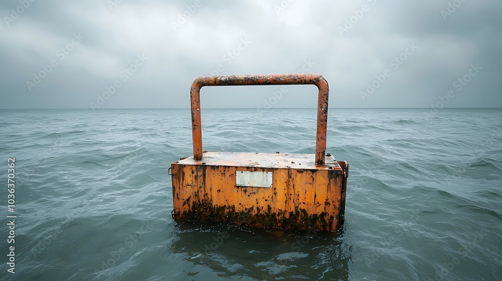 A solitary rusty buoy floating in calm waters under an overcast sky a reflection on isolation and nature's beauty A solitary rusty buoy floating in calm waters under an overcast sky a reflection on isolation and nature's beauty