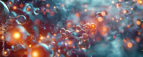 Abstract molecular structure with colorful particles on a blurred background.