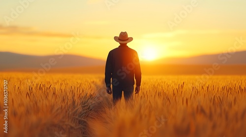 Vast Wheat Field Bathed in Warm Sunrise Glow at Countryside Farmland photo