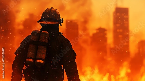 Courageous Firefighter Battling Intense Blaze in Bustling City Skyline